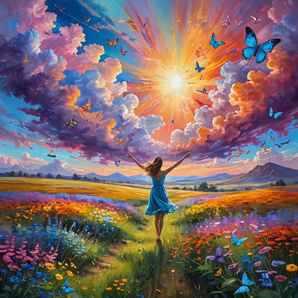A surreal landscape filled with vibrant colors, depicting a vast open field under a dreamy sky, infused with floating orbs of light symbolizing happiness. In the foreground, a person joyfully dancing with arms wide open, surrounded by colorful wildflowers and butterflies. Soft, ethereal clouds drift gently above, creating a sense of freedom and peace. The scene radiates warmth and positivity. painting. vibrant colors. dreamlike.