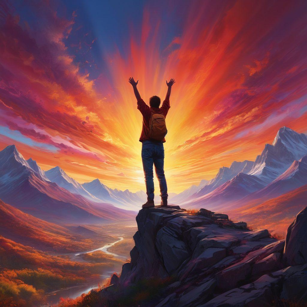 A vibrant scene depicting a figure standing boldly atop a mountain, arms outstretched towards a dazzling sunset, symbolizing freedom and defiance. Surround the figure with swirling colors representing chaos transforming into harmony, interspersed with images of nature and urban elements. Include hints of graffiti art, echoing the spirit of rebellion. super-realistic. vibrant colors. dramatic lighting.