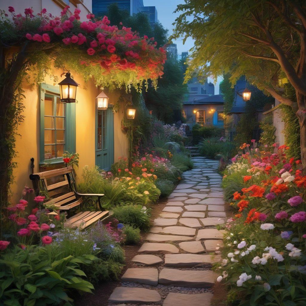 A serene, whimsical garden bursting with vibrant flowers and eclectic sculptures, nestled amidst a vibrant, chaotic city skyline in the background. An inviting pathway winds through the garden leading to a cozy nook with a swing, whimsical seating, and a glowing lantern that symbolizes hope and happiness. The scene conveys a sense of escapism and creativity in a chaotic world, where nature meets urban life. super-realistic. vibrant colors. soft lighting.
